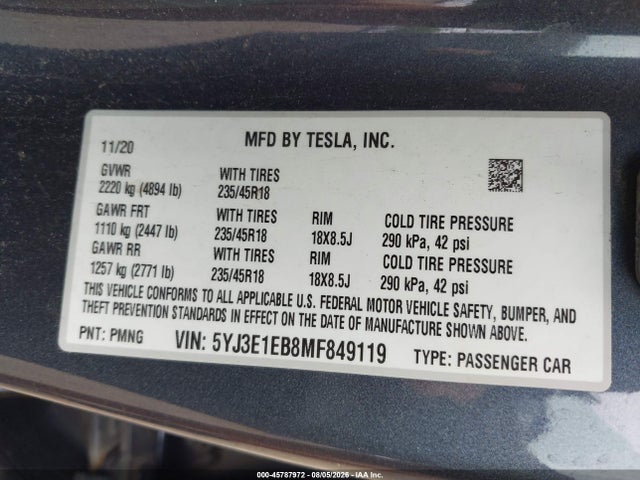 Продаж на аукціоні авто 2021 Tesla Model 3 Long Range Dual Motor All-wheel Drive, vin: 5YJ3E1EB8MF849119, номер лоту: 45787972