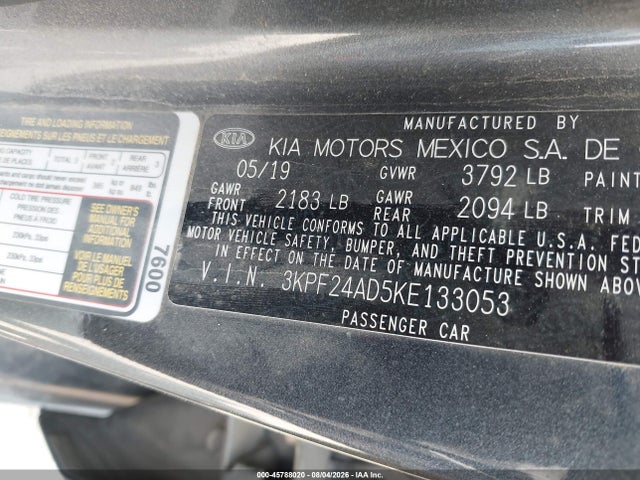 45788020 :رقم المزاد ، 3KPF24AD5KE133053 vin ، 2019 Kia Forte Fe مزاد بيع