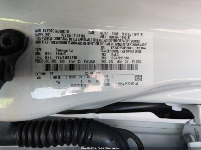 45788024 :رقم المزاد ، 1FADP3E26HL318164 vin ، 2017 Ford Focus S مزاد بيع