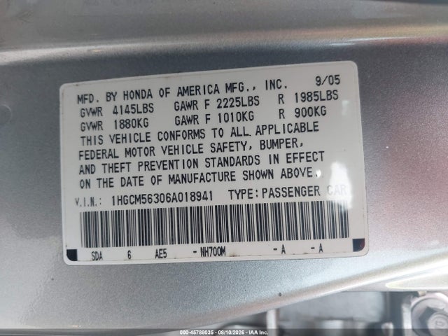 Aukcja sprzedaży 2006 Honda Accord 2.4 Se, vin: 1HGCM56306A018941, numer aukcji: 45788035