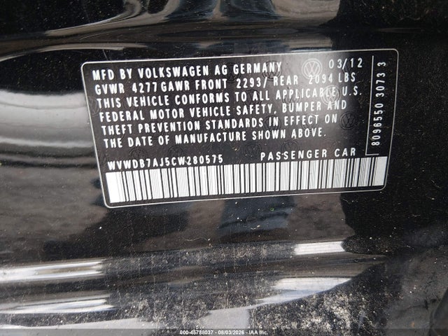 Aukcja sprzedaży 2012 Volkswagen Golf 2.5l 4-door, vin: WVWDB7AJ5CW280575, numer aukcji: 45788037