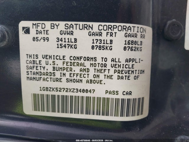 1999 Saturn Sl2 მანქანა იყიდება აუქციონზე, vin: 1G8ZK5272XZ340047, აუქციონის ნომერი: 45788048