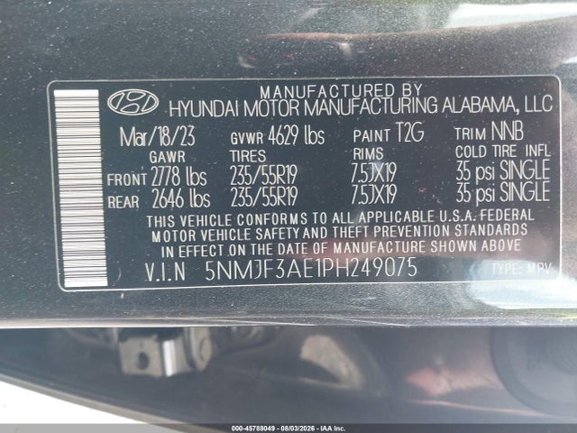 Aukcja sprzedaży 2023 Hyundai Tucson Sel, vin: 5NMJF3AE1PH249075, numer aukcji: 45788049