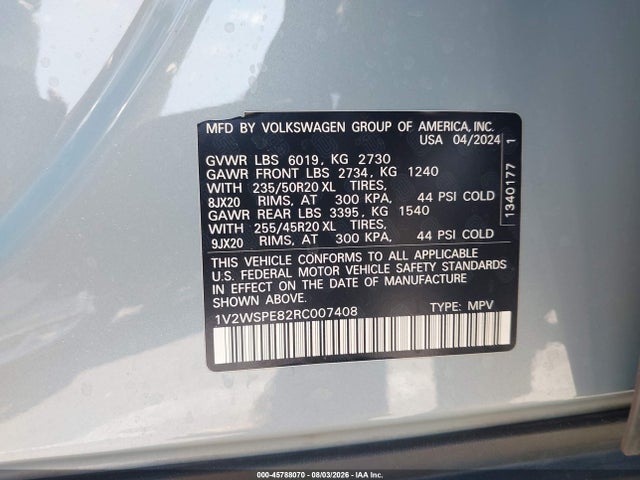 2024 Volkswagen Id.4 Awd Pro S მანქანა იყიდება აუქციონზე, vin: 1V2WSPE82RC007408, აუქციონის ნომერი: 45788070