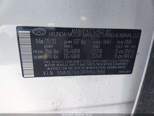 Aukcja sprzedaży 2023 Hyundai Santa Fe Sel, vin: 5NMS24AJ9PH567884, numer aukcji: 45788078
