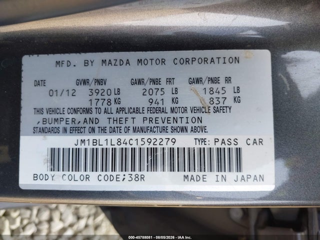 45788081 :رقم المزاد ، JM1BL1L84C1592279 vin ، 2012 Mazda Mazda3 I Touring مزاد بيع