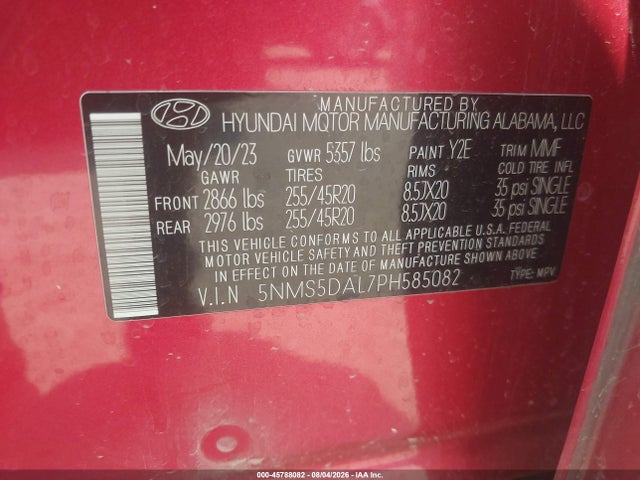 Aukcja sprzedaży 2023 Hyundai Santa Fe Calligraphy, vin: 5NMS5DAL7PH585082, numer aukcji: 45788082