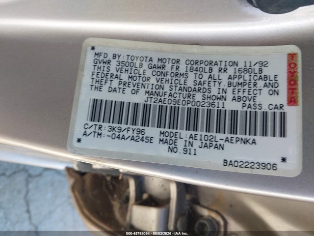 Продаж на аукціоні авто 1993 Toyota Corolla Le/dx, vin: JT2AE09E0P0023611, номер лоту: 45788094