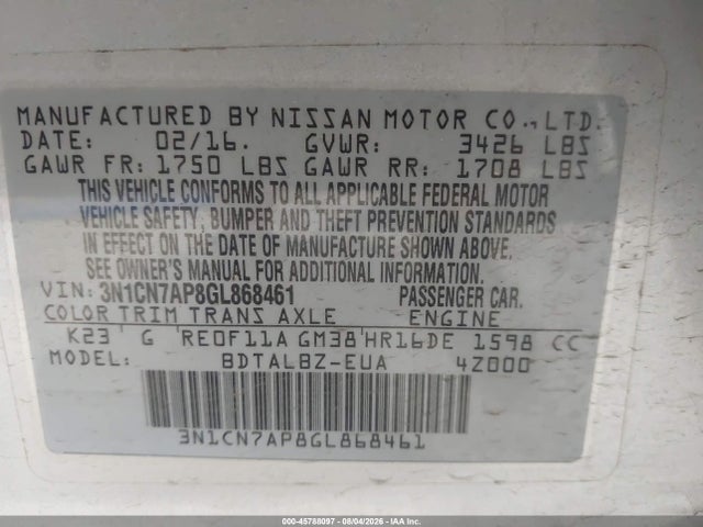 2016 Nissan Versa 1.6 Sv მანქანა იყიდება აუქციონზე, vin: 3N1CN7AP8GL868461, აუქციონის ნომერი: 45788097