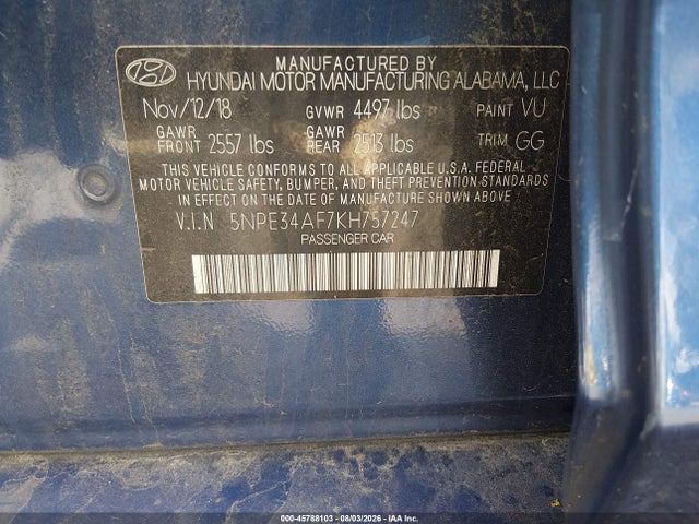 2019 Hyundai Sonata Sel მანქანა იყიდება აუქციონზე, vin: 5NPE34AF7KH757247, აუქციონის ნომერი: 45788103