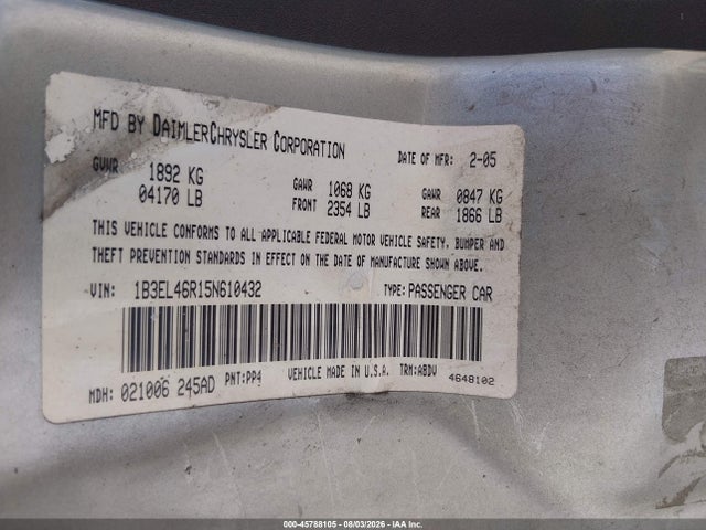 2005 Dodge Stratus Sxt მანქანა იყიდება აუქციონზე, vin: 1B3EL46R15N610432, აუქციონის ნომერი: 45788105