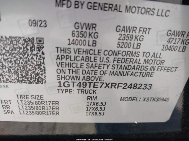 45788114 :رقم المزاد ، 1GT49TE7XRF248233 vin ، 2024 Gmc Sierra 3500hd 4wd  Long Bed Sle مزاد بيع