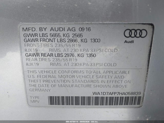 2017 Audi Q5 3.0t Premium Plus მანქანა იყიდება აუქციონზე, vin: WA1D7AFP7HA058839, აუქციონის ნომერი: 45788115