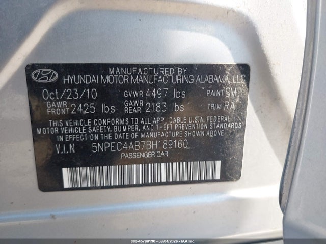 2011 Hyundai Sonata Se 2.0t მანქანა იყიდება აუქციონზე, vin: 5NPEC4AB7BH189160, აუქციონის ნომერი: 45788130