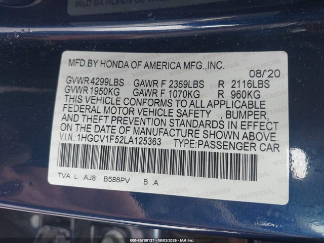 Aukcja sprzedaży 2020 Honda Accord Ex-l, vin: 1HGCV1F52LA125363, numer aukcji: 45788137