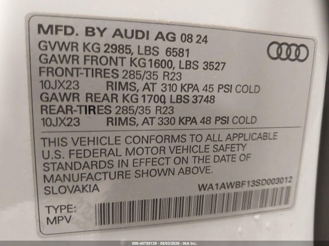 WA1AWBF13SD003012 Audi Sq8 Premium Plus 4.0 Tfsi Quattro