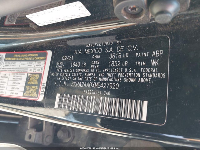 Aukcja sprzedaży 2021 Kia Rio S, vin: 3KPA24ADXME427920, numer aukcji: 45788146