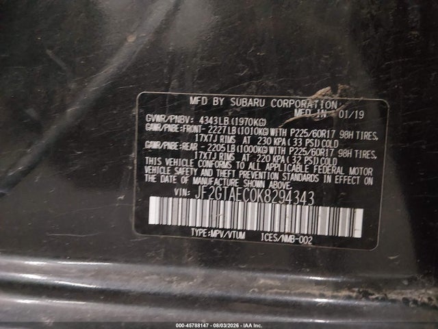 45788147 :رقم المزاد ، JF2GTAEC0K8294343 vin ، 2019 Subaru Crosstrek 2.0i Premium مزاد بيع