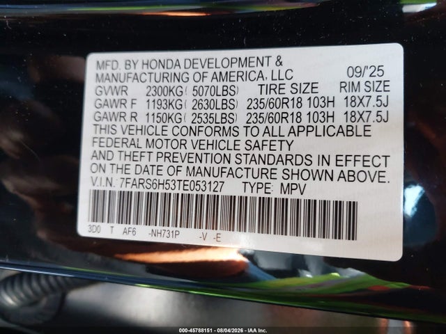 2026 Honda Cr-v Hybrid Awd Sport მანქანა იყიდება აუქციონზე, vin: 7FARS6H53TE053127, აუქციონის ნომერი: 45788151