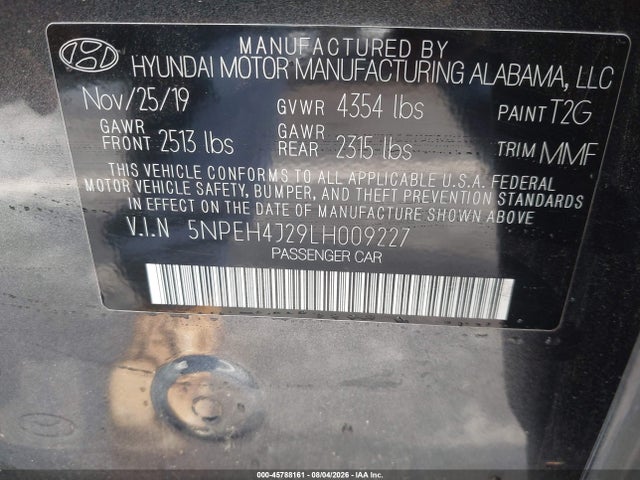 Aukcja sprzedaży 2020 Hyundai Sonata Limited, vin: 5NPEH4J29LH009227, numer aukcji: 45788161