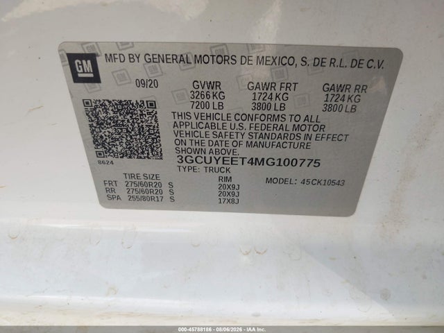 Продажа на аукционе авто 2021 Chevrolet Silverado 1500 4wd  Short Bed Rst, vin: 3GCUYEET4MG100775, номер лота: 45788186