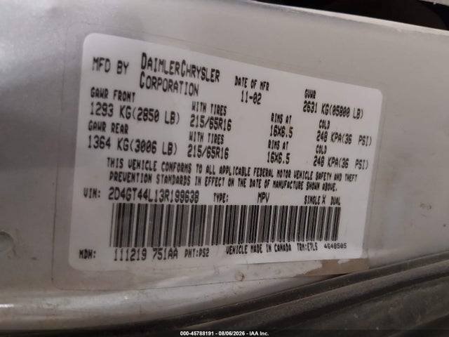 Продажа на аукционе авто 2003 Dodge Grand Caravan Sport, vin: 2D4GT44L13R199638, номер лота: 45788191