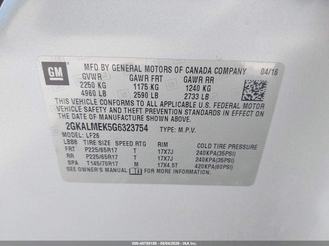Aukcja sprzedaży 2016 Gmc Terrain Sle-1, vin: 2GKALMEK5G6323754, numer aukcji: 45788198