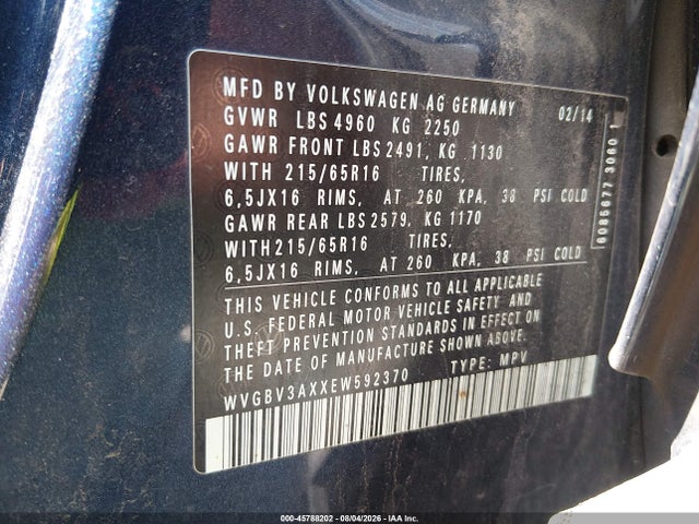 2014 Volkswagen Tiguan S მანქანა იყიდება აუქციონზე, vin: WVGBV3AXXEW592370, აუქციონის ნომერი: 45788202