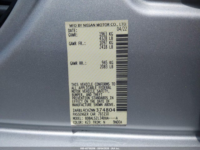 Продаж на аукціоні авто 2022 Nissan Altima Sr Fwd, vin: 1N4BL4CV2NN374804, номер лоту: 45788206