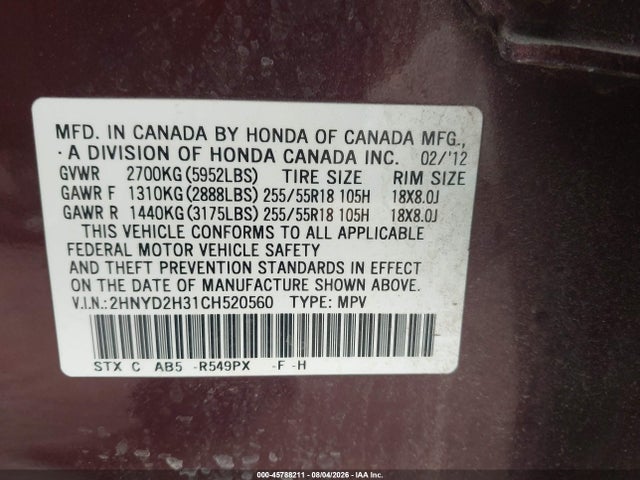 45788211 :رقم المزاد ، 2HNYD2H31CH520560 vin ، 2012 Acura Mdx Technology Package مزاد بيع
