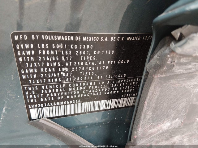 Продажа на аукционе авто 2021 Volkswagen Tiguan 2.0t Se/2.0t Se R-line Black/2.0t Sel, vin: 3VV2B7AX6MM050316, номер лота: 45788245