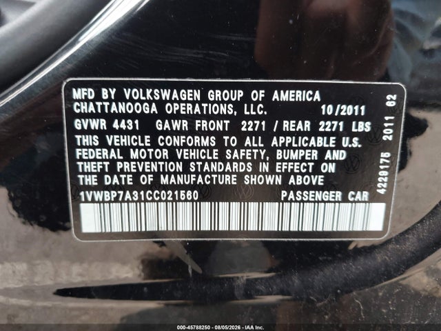 2012 Volkswagen Passat 2.5l Se მანქანა იყიდება აუქციონზე, vin: 1VWBP7A31CC021560, აუქციონის ნომერი: 45788250