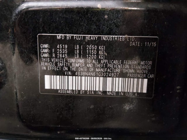 45788269 :رقم المزاد ، 4S3BNAN61G3024927 vin ، 2016 Subaru Legacy 2.5i Limited مزاد بيع
