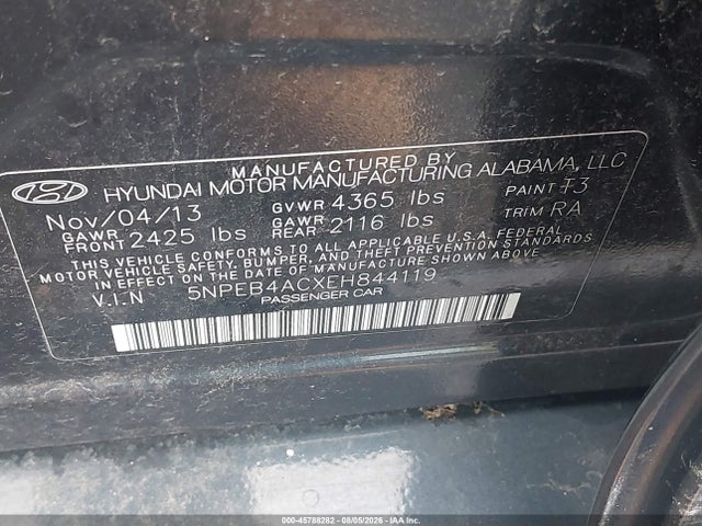 Aukcja sprzedaży 2014 Hyundai Sonata Gls, vin: 5NPEB4ACXEH844119, numer aukcji: 45788282