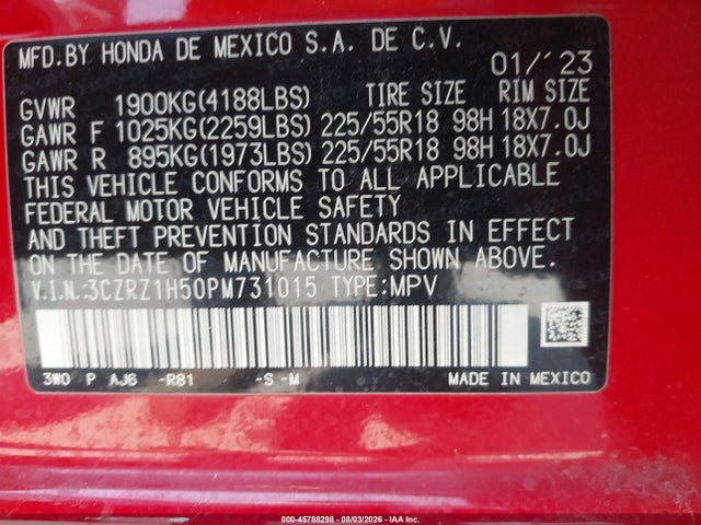 Aukcja sprzedaży 2023 Honda Hr-v 2wd Sport, vin: 3CZRZ1H50PM731015, numer aukcji: 45788298