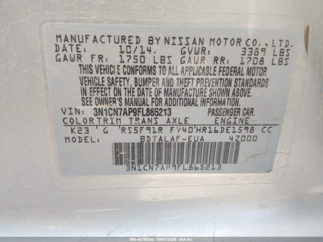 Nissan Versa 1.6 S 2015 3N1CN7AP9FL865213 Image 9