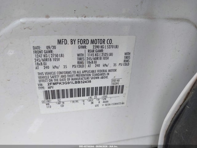 2020 Ford Edge Se მანქანა იყიდება აუქციონზე, vin: 2FMPK3G91LBB32438, აუქციონის ნომერი: 45788304