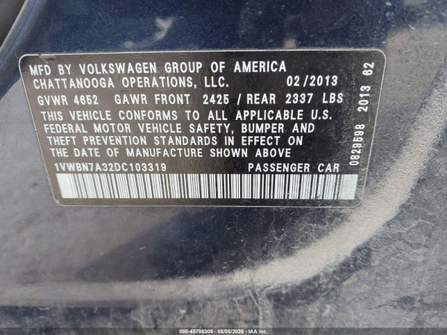 Продаж на аукціоні авто 2013 Volkswagen Passat 2.0l Tdi Se, vin: 1VWBN7A32DC103319, номер лоту: 45788309