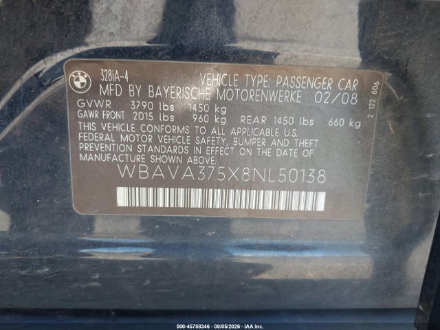 Aukcja sprzedaży 2008 Bmw 328i, vin: WBAVA375X8NL50138, numer aukcji: 45788346