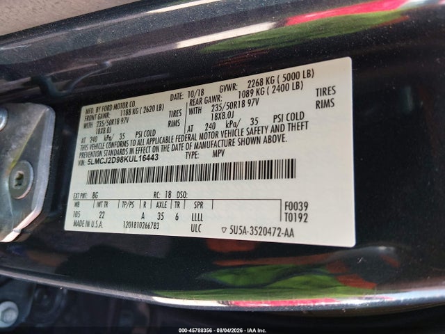 Продаж на аукціоні авто 2019 Lincoln Mkc Select, vin: 5LMCJ2D98KUL16443, номер лоту: 45788356