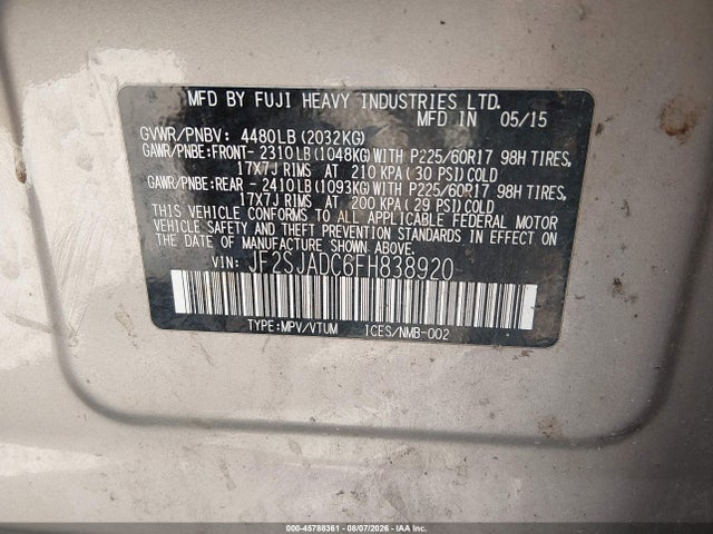 Продаж на аукціоні авто 2015 Subaru Forester 2.5i Premium, vin: JF2SJADC6FH838920, номер лоту: 45788361