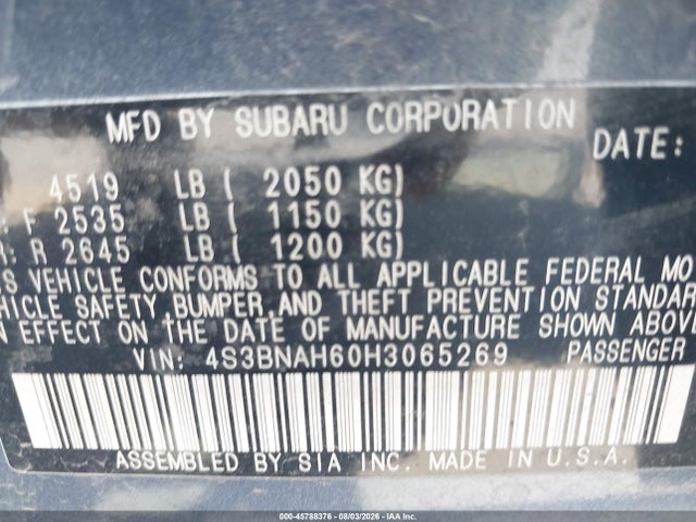 2017 Subaru Legacy 2.5i Premium მანქანა იყიდება აუქციონზე, vin: 4S3BNAH60H3065269, აუქციონის ნომერი: 45788376