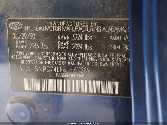 5NPD74LF8LH611289 Hyundai ELANTRA SE