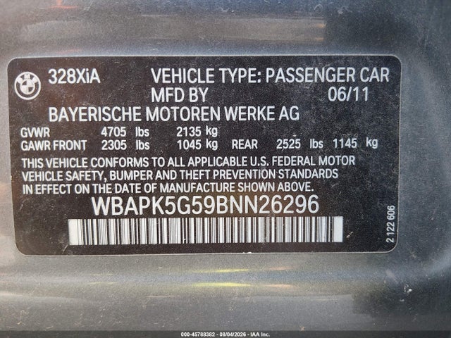 Aukcja sprzedaży 2011 Bmw 328i Xdrive, vin: WBAPK5G59BNN26296, numer aukcji: 45788382