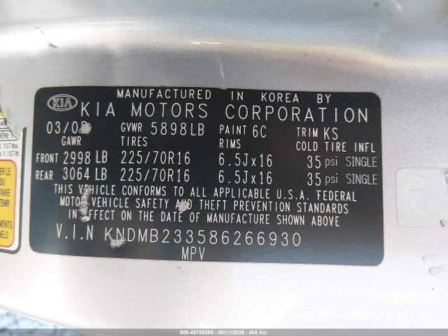 Aukcja sprzedaży 2008 Kia Sedona Lx, vin: KNDMB233586266930, numer aukcji: 45788385