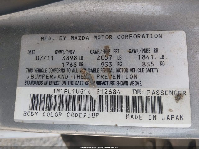 45788386 :رقم المزاد ، JM1BL1UG1C1512684 vin ، 2012 Mazda Mazda3 I Sport مزاد بيع