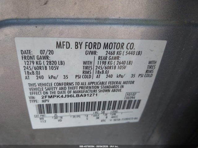 Продаж на аукціоні авто 2020 Ford Edge Sel, vin: 2FMPK4J96LBA91271, номер лоту: 45788394