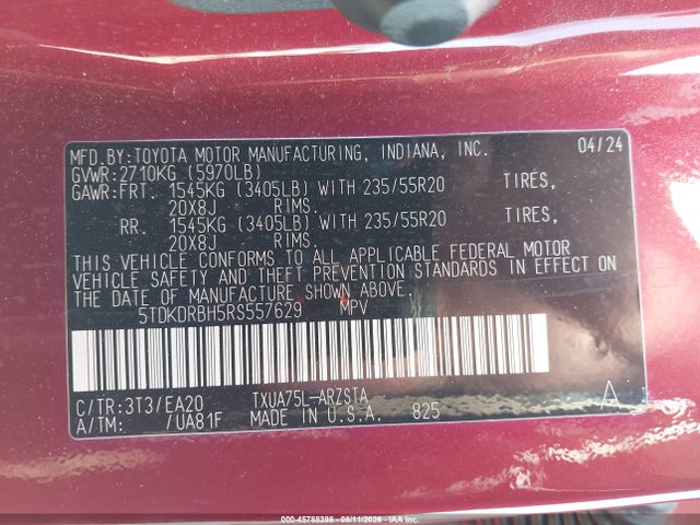 Продаж на аукціоні авто 2024 Toyota Highlander Xse, vin: 5TDKDRBH5RS557629, номер лоту: 45788398