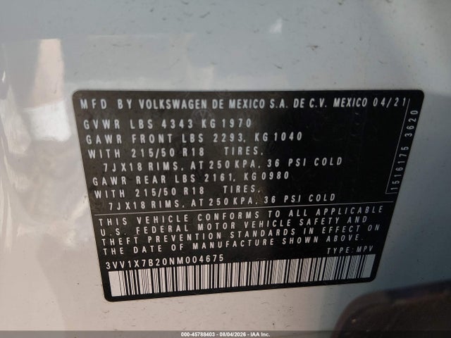 Продажа на аукционе авто 2022 Volkswagen Taos 1.5t Sel, vin: 3VV1X7B20NM004675, номер лота: 45788403