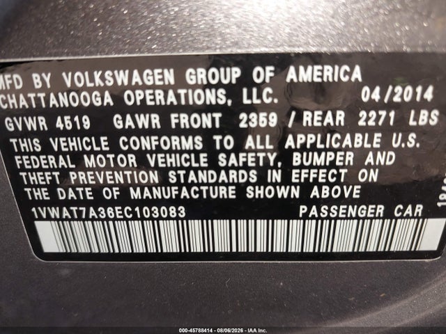 Продажа на аукционе авто 2014 Volkswagen Passat 1.8t Wolfsburg Edition, vin: 1VWAT7A36EC103083, номер лота: 45788414